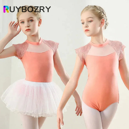RUYBOZRY Girl&#39;s Ballet Leotard Dress for Dance Two Piece Set Short Sleeve Lace Gymnastics Leotards Tutu Dance Skirt Outfit